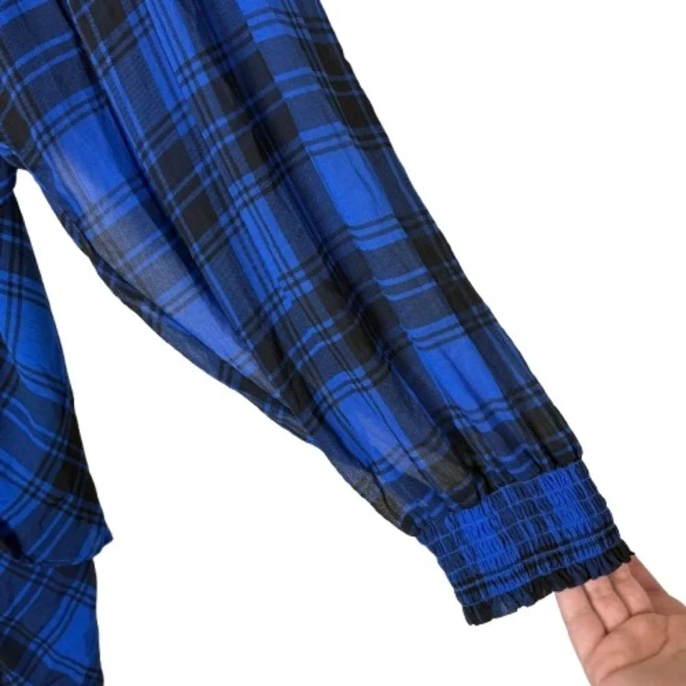 Torrid Tartan Plaid Crinkle Chiffon Smock Neck Ruffle Tiered Blouse Blue Size 4X - Picture 2 of 7